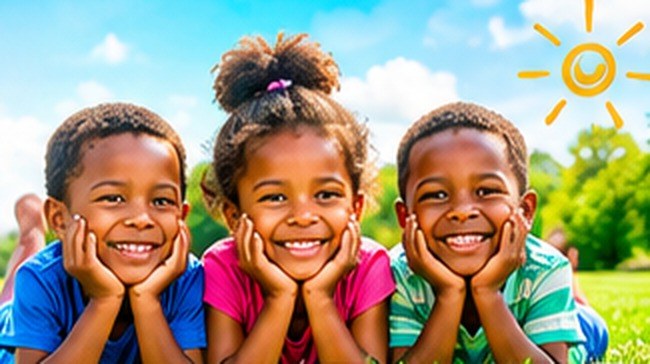 Three smiling children lying on the grass